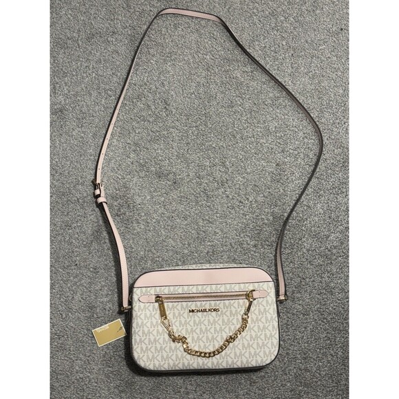 MICHAEL KORS JET SET LARGE ZIP CHAIN CROSSBODY BAG VANILLA SIGNATURE BLUSH PINK - Picture 1 of 9